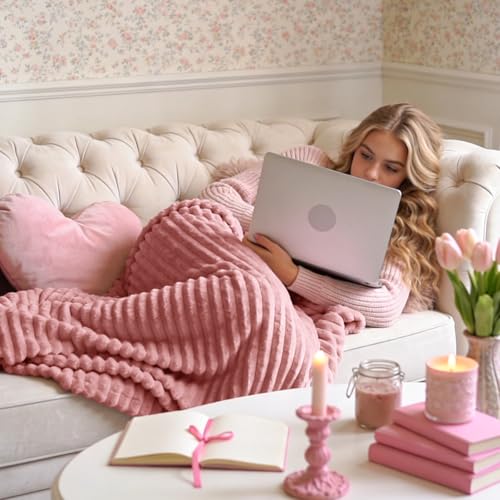 3D Ribbed Jacquard Pink Fleece Throw Blanket for Couch (Dusty Pink / Throw XL(50"x70"))