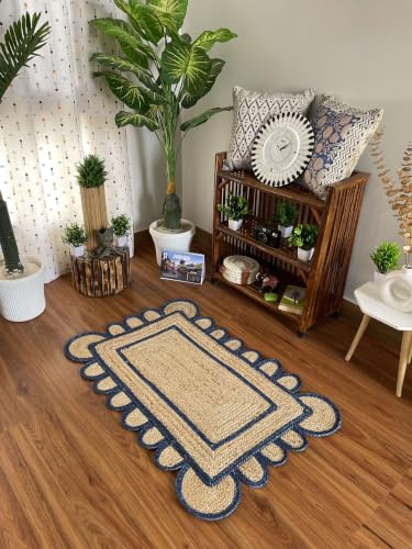 Scalloped Natural Jute Area Rug 4x6 Ft with Scalloped Border (Blue / 4' x 6' (Rectangular))