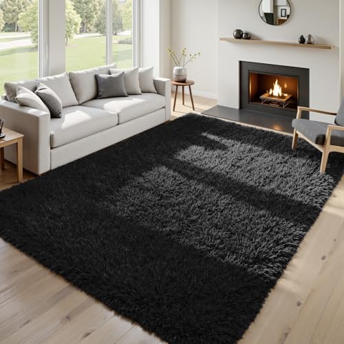 8x10 Fluffy Shag Area Rugs for Living Room Bedroom (Black / 8' x 10' (Rectangular))