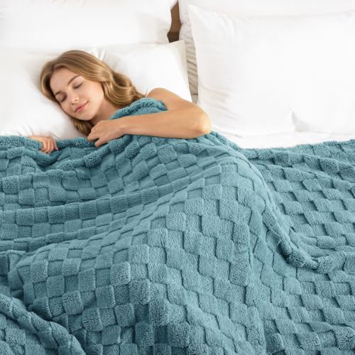 3D Checkered Fleece Queen Blanket for Bed (Celadon / Queen (90"x90"))