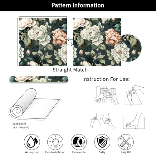 Dark Green White Peonies Vintage Floral Peel and Stick Wallpaper Wall Decor Self Adhesive Wall Paper Stick on Easy Peel Off Contact for Renter Apartment (Dark Green/White / 17.7" x 118")
