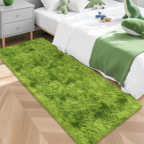 Tie Dyed Runner Rug for Bedroom Green 2x5ft Fluffy Area Rug Bedside Runner Rug for Kids Room Boys Teens Nursery Baby Living Room Dorm Home Decor Carpets (Tie-dyed Green / 2' x 5' (Runner))