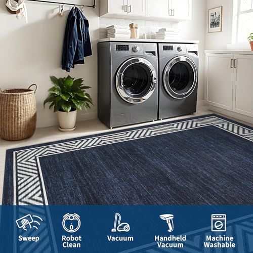 Washable Hallway Rug 2x6 Narrow Modern Bordered Floor Runner (Navy / 2' x 6' (Rectangular))