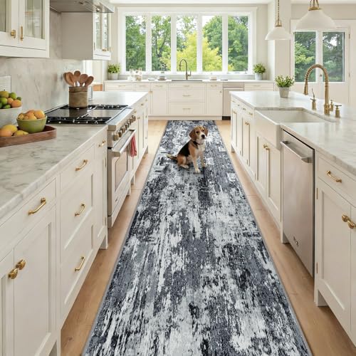 Washable Runner 2'6"x12' Abstract Area Rug for Hallway Black White (Black/Navy Blue/Gray / 2'6" x 12' (Runner))