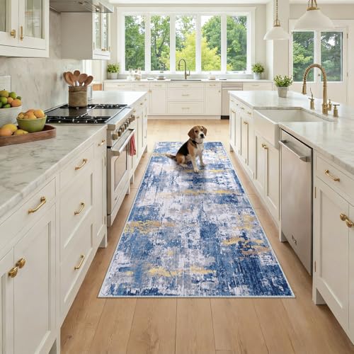 Washable Runner 3'x7' Abstract Area Rug for Hallway Blue Gold (Blue/Gold / 3' x 7' (Runner))
