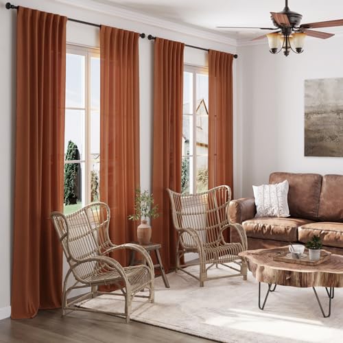 Terracotta Linen Curtains 63 Inches Length 2 Panels for Living Room Back Tab Pocket Light Filtering Semi Sheer Drapes Cotton Linen Textured Brick Burnt Orange Window Curtain 52X63 Inch (52"W x 63"L (Pack of 2) / Terracotta)