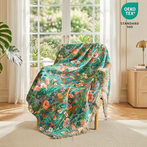 Boho Throw Blanket 50"x60" 100% Cotton Floral Blanket for Couch Bed (Flowers Green / 50"x60")
