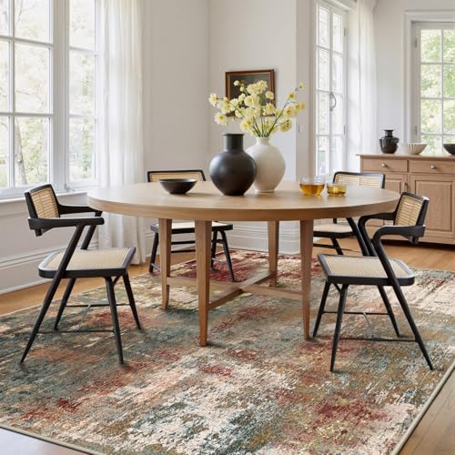 Washable 7'x10' Abstract Area Rug for Living Room Rustic Brown (Rust Red/Green/Blue/Multi / 7' x 10' (Rectangular))