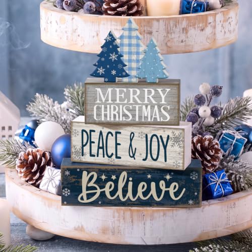 4 Pcs Christmas Table Decorations Blue Christmas Tree Stacked Wooden Sign Decor Rustic Winter Tiered Tray Decor Blue and White Xmas Table Centerpiece Farmhouse for Home Kitchen Shelf (Rustic Decorative)