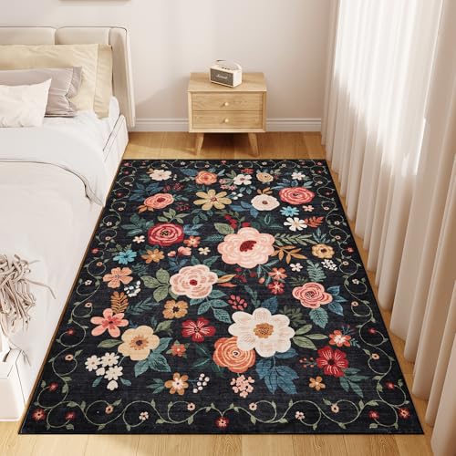 3x5 Area Rug Floral Washable Rug for Bedroom Non Slip (Black / 3' x 5' (Rectangular))