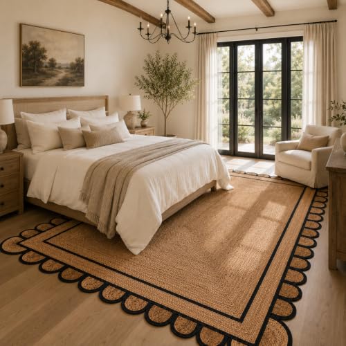 Scalloped Natural Jute Area Rug (Black / 9' x 12' (Rectangular))