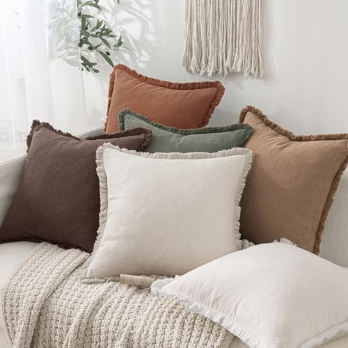 Linen Fringe Decorative Fall Throw Pillow Covers Dark Brown 20x20 (20" x 20" (Pack of 2) / Dark Brown)