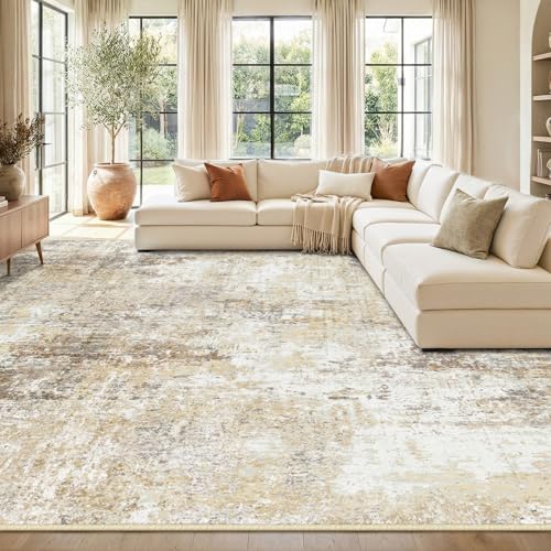 Washable 9'x12' Abstract Area Rug for Living Room Neutral Brown (Gray/Neutral Brown / 9' x 12' (Rectangular))