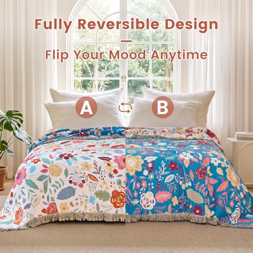Boho Throw Blanket 50"x60" Fall Cotton Floral Blanket for Couch (Various Flowers / 50"x60")