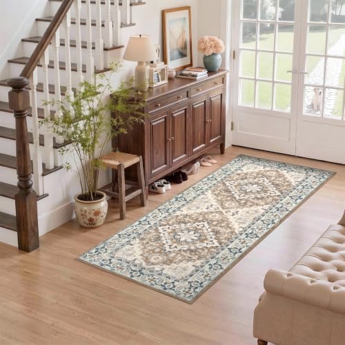 2x5 Hallway Kitchen Washable Runner Rug (Floral Brown / 2' x 5' (Runner))