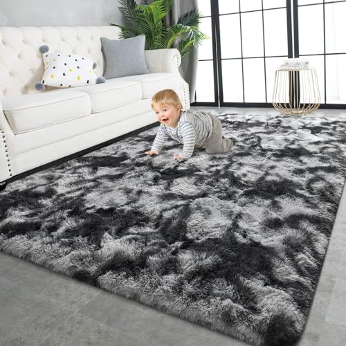 Super Soft Shaggy Rugs Fluffy Carpets 5x7 Feet (5' x 7' (Rectangular) / Tie Dyed Black Grey)