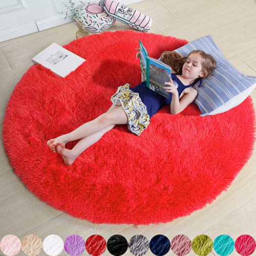 Red Furry Round Circle Area Rug 4Ft for Boys Bedroom Living Room (Red / 4' (Round))