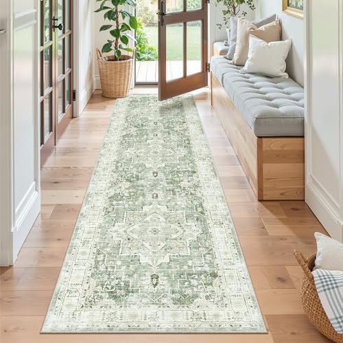 Hallway Runner Rug 2x8 Washable Kitchen Rugs Non (Green/Ivory / 2' x 8' (Runner))