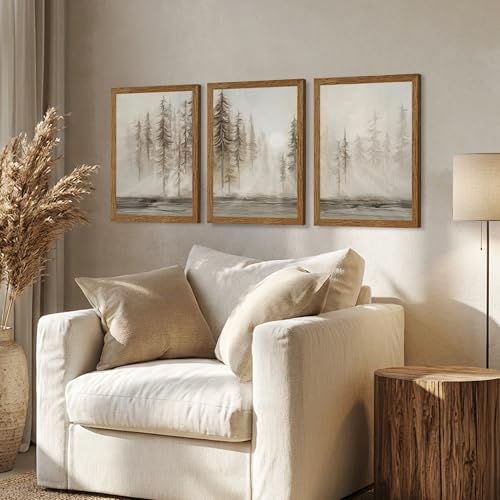 Triptych Neutral Misty Forest Framed Canvas Wall Art (16"L x 12"W / Sunny Forest)
