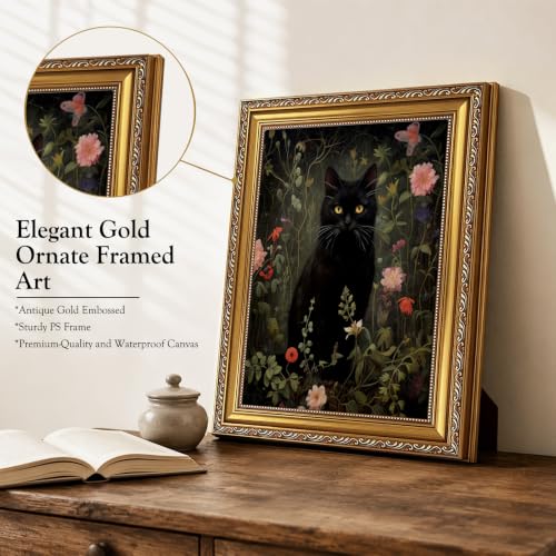 Gold Framed Moody Floral Black Cat Wall Art (Black cat / 16"L x 12"W)