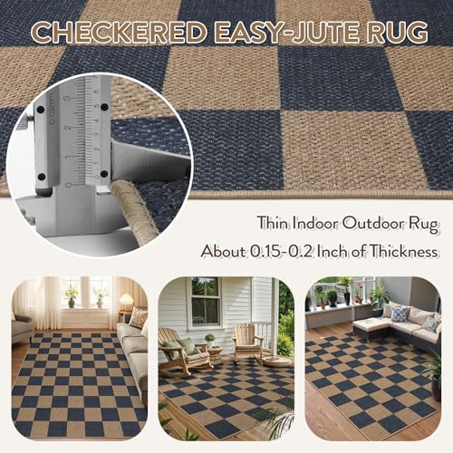 Checkered Easy Jute Living Room Rugs (5' x 7' (Rectangular) / Blue/Checkerboard -1)