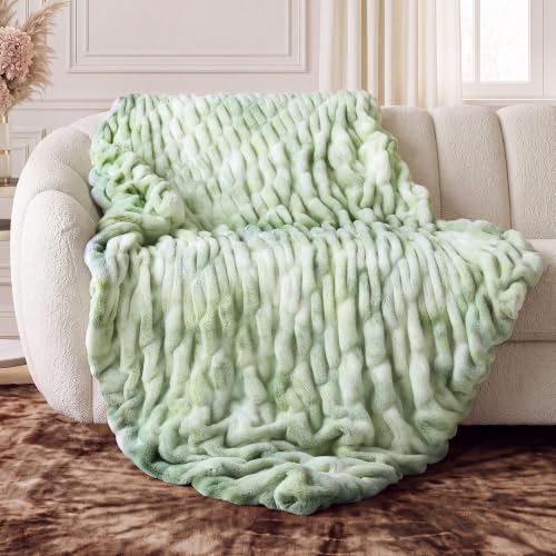 Double Sided Soft Faux Fur Throw Blanket (Tie-dye Sage / Throw)