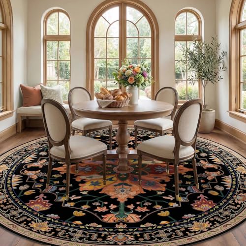 Washable Area Rug (Black/Colorful / 8' (Round))