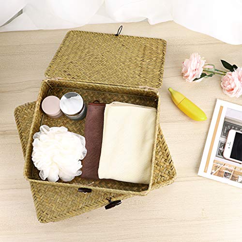 2 Packs Flat Wicker Basket Box with Lid Woven Seagrass Storage Bins (Small+Large / Natural Color)