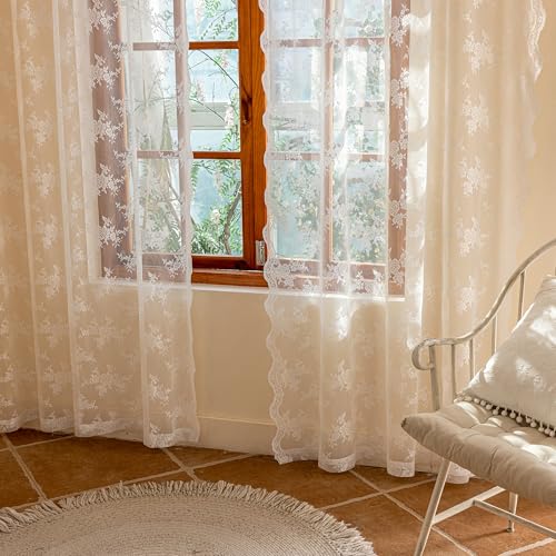 White Lace Tier Curtains 36 Inch Length for Cafe Over Sink (White / 26"W x 36"L (Pack of 2))