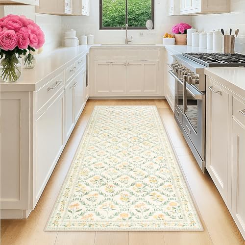 2.6x8 Washable Runner Rug：Floral Indoor Kitchen Carpet Beige Multi (Beige/Multi / 2'6" x 8' (Runner))