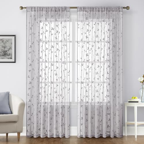 Light Grey Sheer Curtains Vine Embroidered (52"W x 84"L (Pack of 2) / Vine Light Grey)