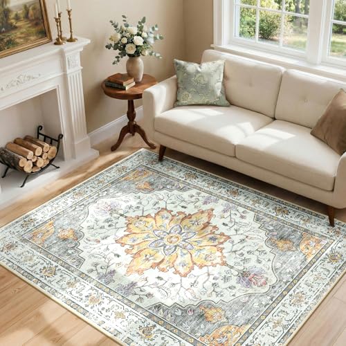 Washable Area Rug (Beige/Carbon Grey/Orange / 4' x 6' (Rectangular))