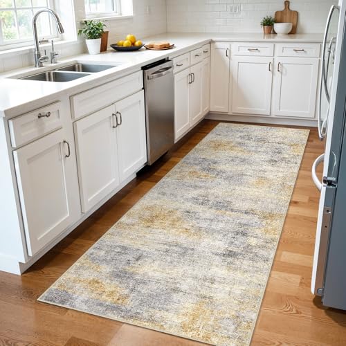 3x7 Runner Rug Washable Abstract (Grey/Yellow / 3' x 7')