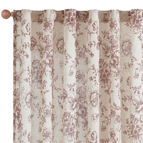 Vintage Floral Linen Curtains 54 Long for Living Room 2 Panels (Brick Red / 50"W x 54"L (Pack of 2))