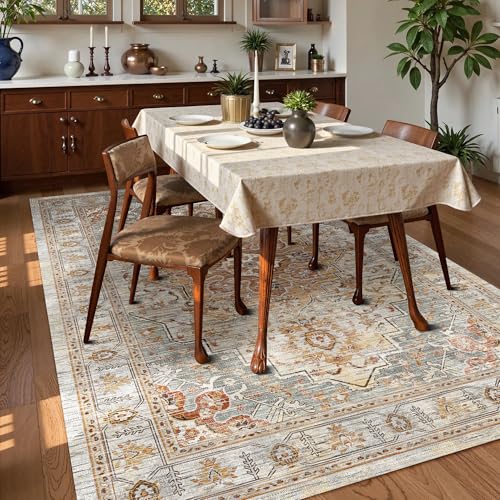 Washable Area Rug 5' x 7' Vintage Traditional Persian Mat (Dove Gray and Coral / 5' x 7' (Rectangular))