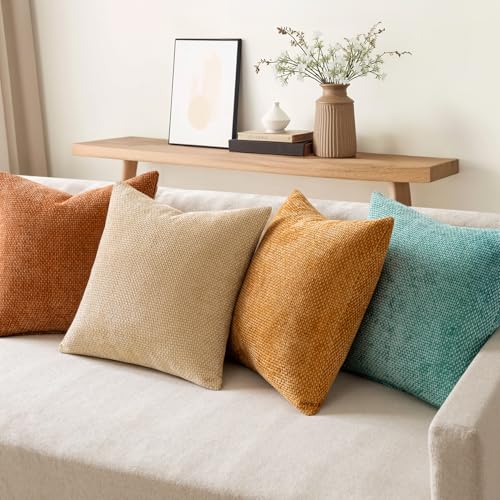 Soft Decorative Chenille Fall Pillow Covers Beige Orange Teal 20x20 (20" x 20" (Pack of 4) / Orange/Teal)