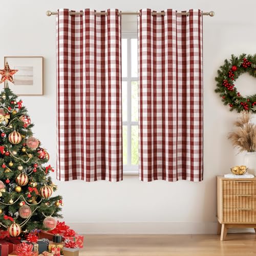 Red White Gingham Buffalo Plaid Grommet Curtains 63 Inch Length (Red/White / 40"W x 63"L (Pack of 2))