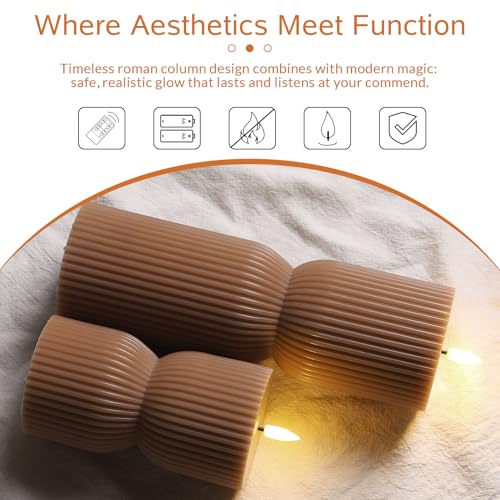 Brown Ribbed Fall Flameless Pillar Candles with Remote Set of 2 (Brown)