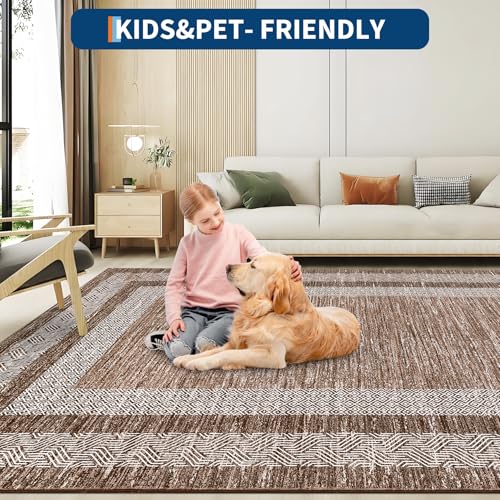 Area Rug 5x7 Distressed Bordered Washable Non Slip Floor Carpet (Dark Brown / 5' x 7' (Rectangular))