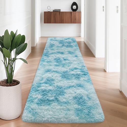 Tie Dyed Sky Blue 2x8 Machine Washable Runner Rugs for Hallway Soft Fluffy Shaggy Bedside Rugs for Bedroom Living Room Indoor Floor Carpet for Kids Girls and Boys Nursery Rooms Home Decor Aesthetic (Tie-dyed Sky Blue / 2' x 8' (Runner))