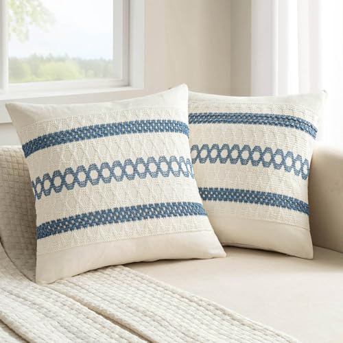 Set of 2 Coastal Blue Boho Decorative Pillow Covers 20x20 Inch (20" x 20" (Pack of 2) / Blue)