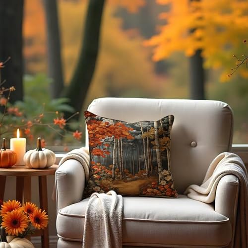 Rustic William Morris Inspired Autumn Forest Decor Throw Pillow Covers 18x18 (Forest-orange -11 / 18" x 18" (Pack of 1))