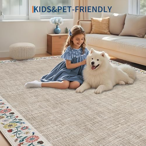 Entryway Rug 2x6 Modern Bordered Runner Rug Washable Kitchen Runners for Hallway Non (Light Flax/Beige / 2' x 6' (Rectangular))