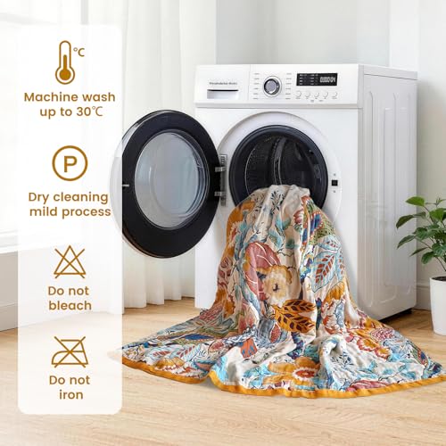 Boho Throw Blanket 90"x108" 100% Cotton Floral Blanket King Bed Decor (Opera Bloom / 108"x90")