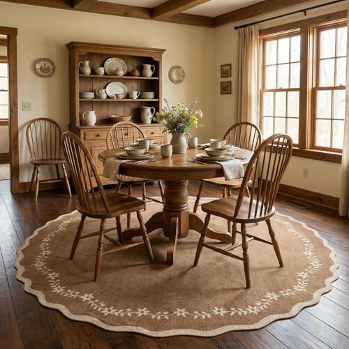Large Round Rug 8ft Scalloped Washable Circle Living Room Rug (Brown / 8' (Round))