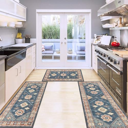 HEBE Boho Kitchen Rugs Set of 3 (Blue/Coffee / 20"x32"+20"x48"+20"x59")