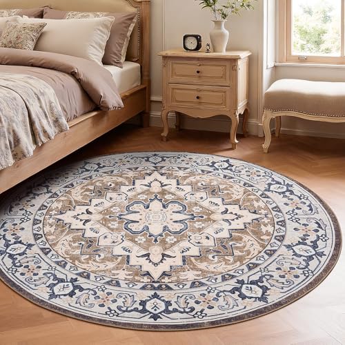 4ft Round Area Rugs for Living Room (Floral Brown / 4' (Round))