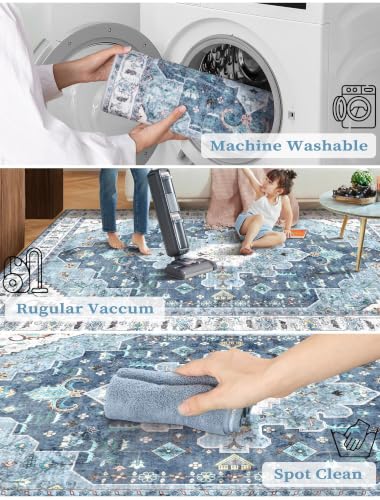 2x6 Washable Non Slip Boho Runner Rug for Hallway (Vintage Blue / 2' x 6' (Runner))