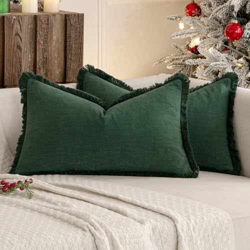 Linen Fringe Decorative Lumbar Throw Pillow Covers Army Green 12x20 (20" x 12" (Pack of 2) / Army Green)