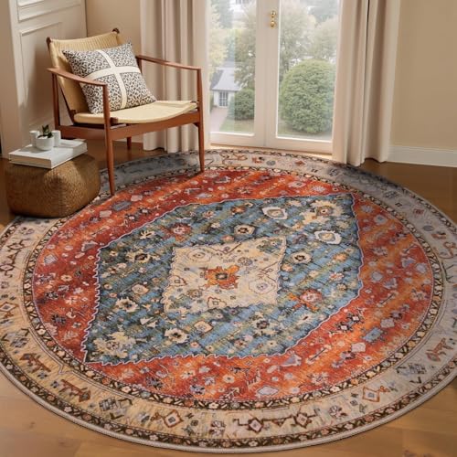 6ft Washable Non Slip Round Boho Area Rug for Bedroom (Tribal Medallion/Multi / 6' (Round))